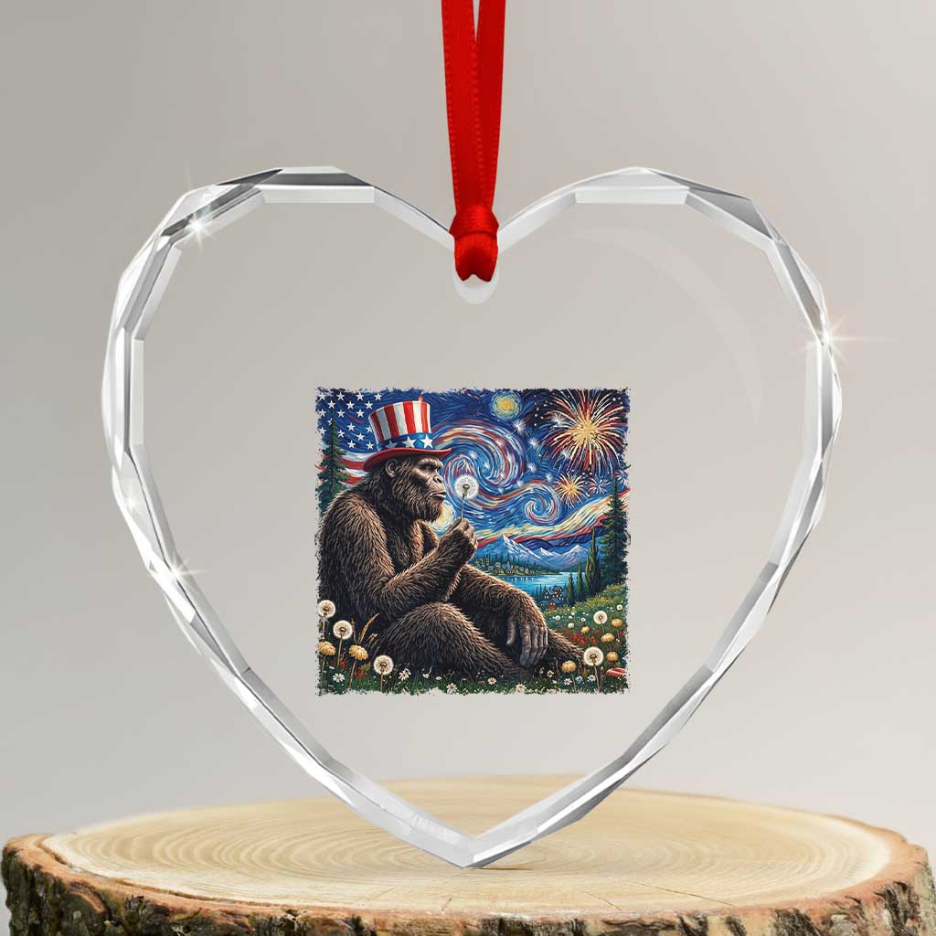 Bigfoot Blowing Dandelion Heart Crystal Glass Ornament Sasquatch Van Gogh Starry Night 4th of July TS14 Transparent Glass 3'' Heart Print Your Wear