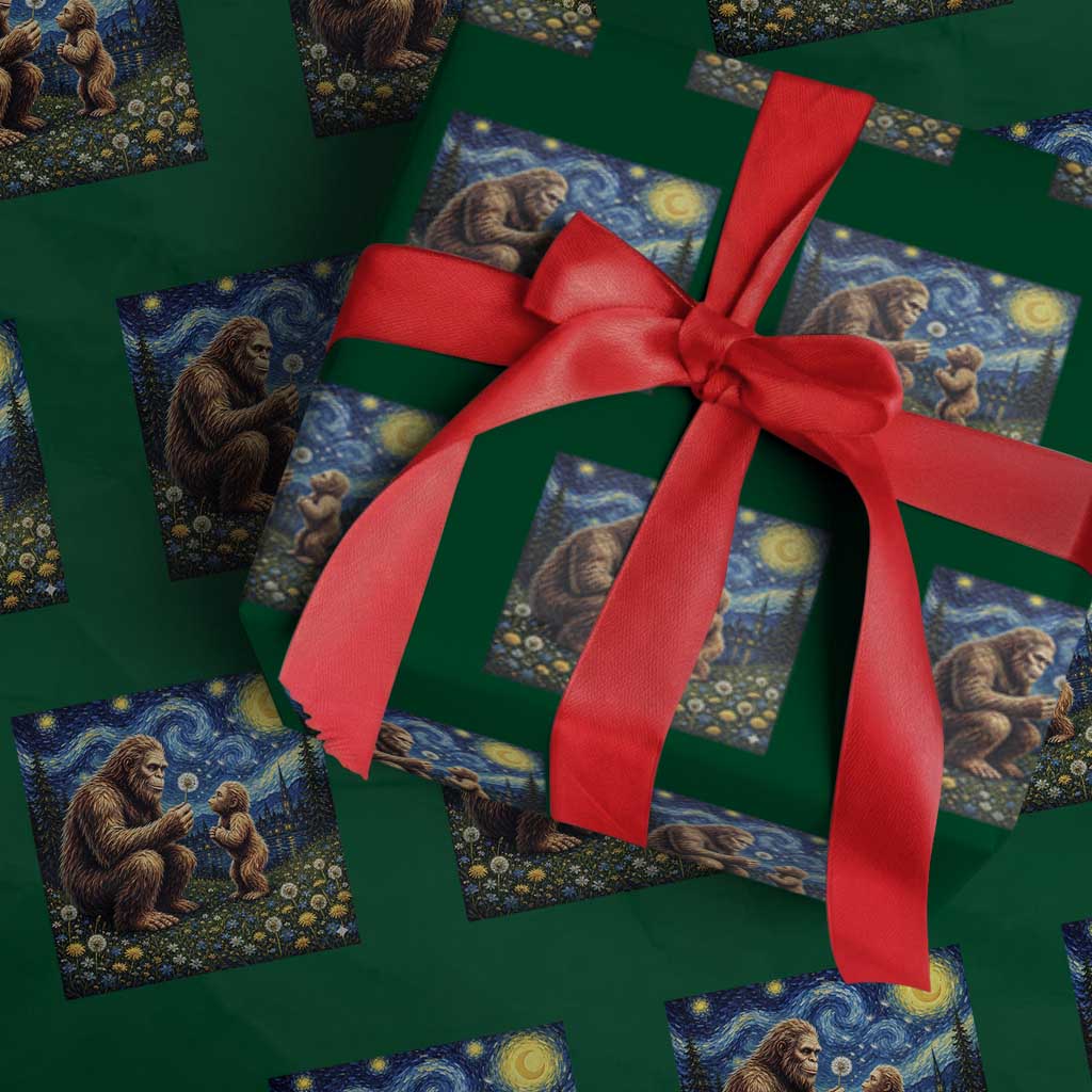 Bigfoot Blowing Dandelion Starry Night Wrapping Paper Roll Sasquatch Dad Fathers Day Father Son Matching TS14 Green Print Your Wear