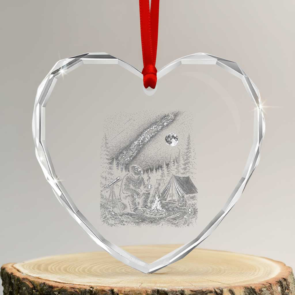Bigfoot Camping Under Meteor Showers Heart Crystal Glass Ornament Stargazer Gift