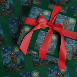 Bigfoot Dinosaur Wrapping Paper Roll Funny Prehistoric Starry Night Van Gogh TS12 Green Print Your Wear