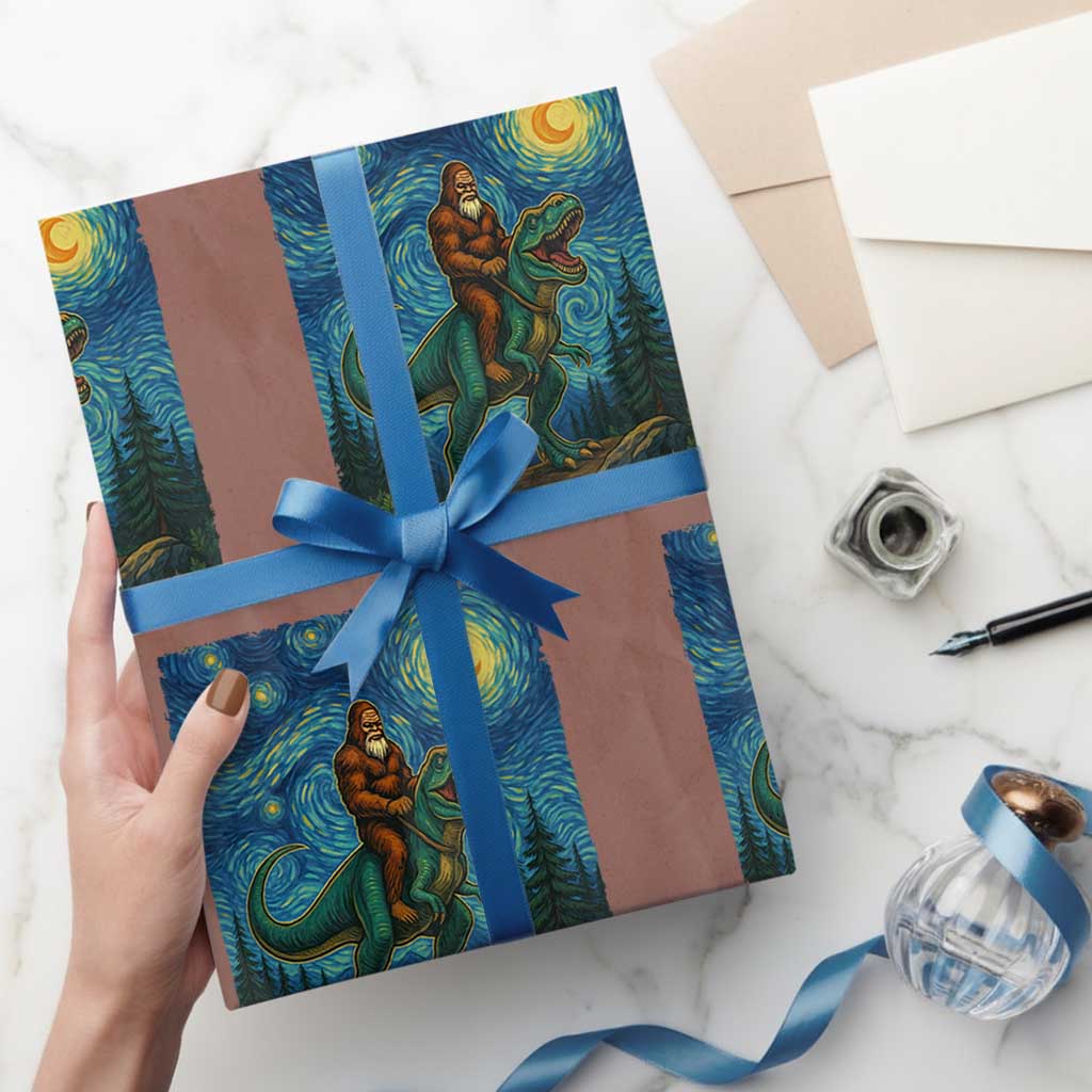 Bigfoot Dinosaur Wrapping Paper Roll Funny Prehistoric Starry Night Van Gogh TS12 Mocha Print Your Wear