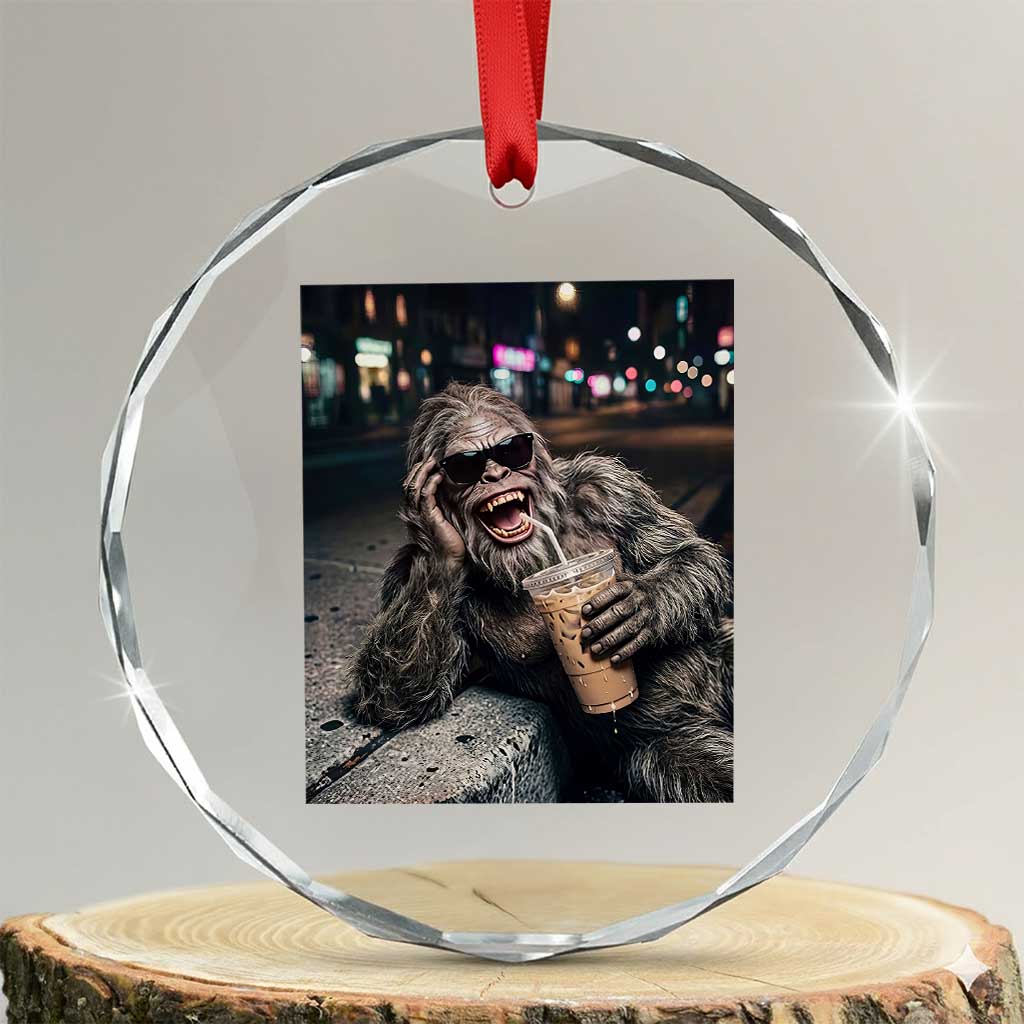 Bigfoot Drinking Iced Coffee Crystal Glass Ornament Funny Sasquatch Streetwear TS14 Transparent Glass 3'' Circle Print Your Wear