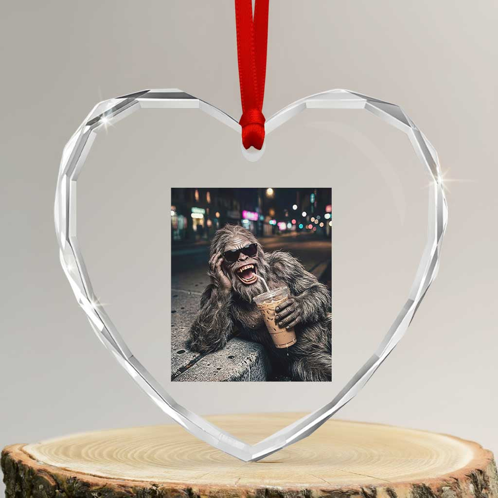 Bigfoot Drinking Iced Coffee Heart Crystal Glass Ornament Funny Sasquatch Streetwear TS14 Transparent Glass 3'' Heart Print Your Wear