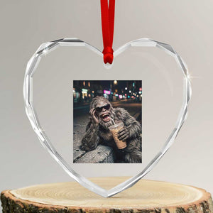Bigfoot Drinking Iced Coffee Heart Crystal Glass Ornament Funny Sasquatch Streetwear TS14 Transparent Glass 3'' Heart Print Your Wear