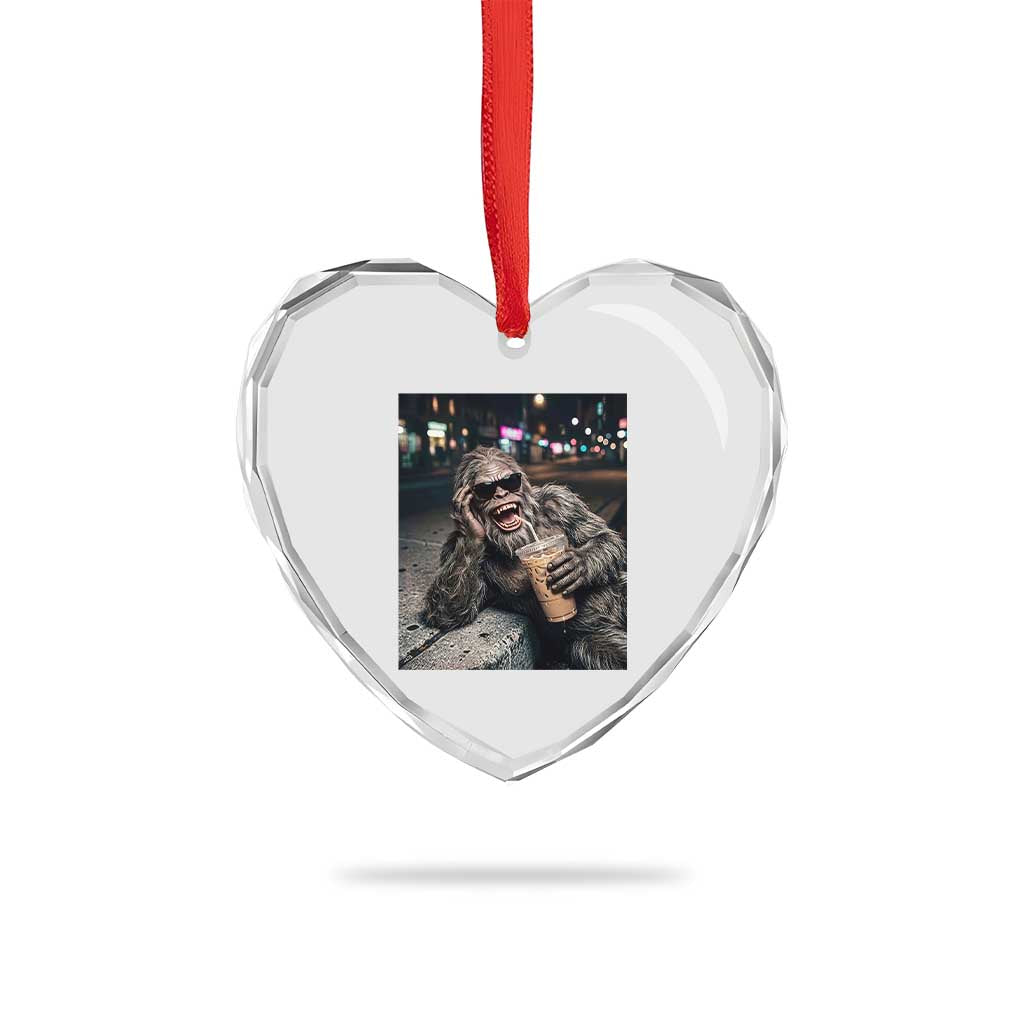 Bigfoot Drinking Iced Coffee Heart Crystal Glass Ornament Funny Sasquatch Streetwear TS14 Print Your Wear