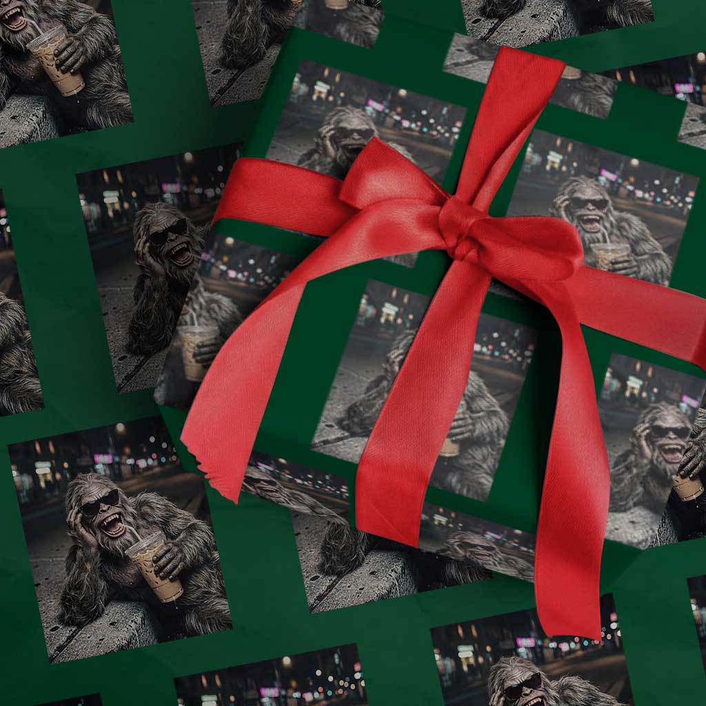 Bigfoot Drinking Iced Coffee Wrapping Paper Roll Funny Sasquatch Streetwear TS14 Green Print Your Wear