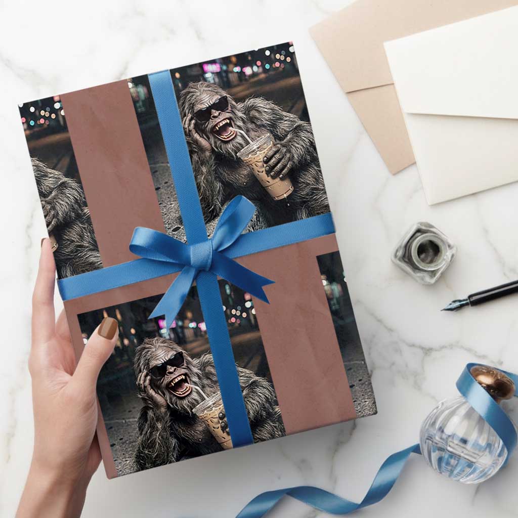 Bigfoot Drinking Iced Coffee Wrapping Paper Roll Funny Sasquatch Streetwear TS14 Mocha Print Your Wear