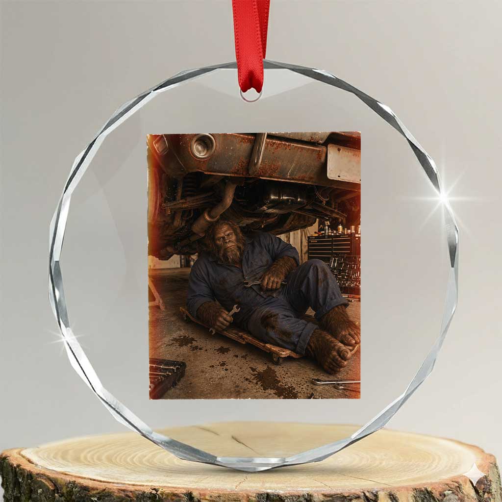Bigfoot Mechanic Meme Crystal Glass Ornament Funny Sasquatch Fixing Cars TS12 Transparent Glass 3'' Circle Print Your Wear