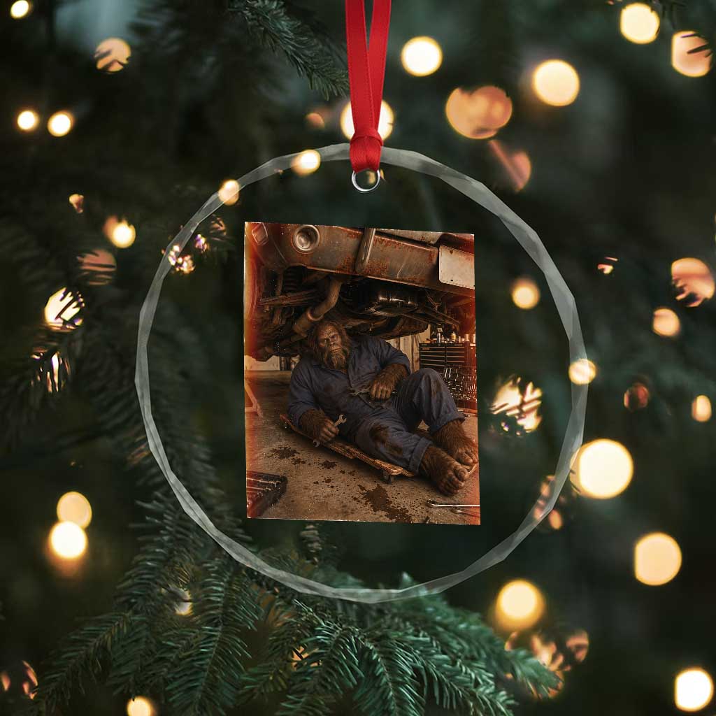 Bigfoot Mechanic Meme Crystal Glass Ornament Funny Sasquatch Fixing Cars TS12 Print Your Wear