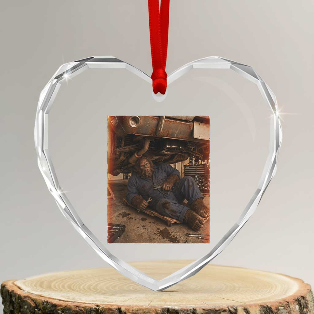Bigfoot Mechanic Meme Heart Crystal Glass Ornament Funny Sasquatch Fixing Cars TS12 Transparent Glass 3'' Heart Print Your Wear