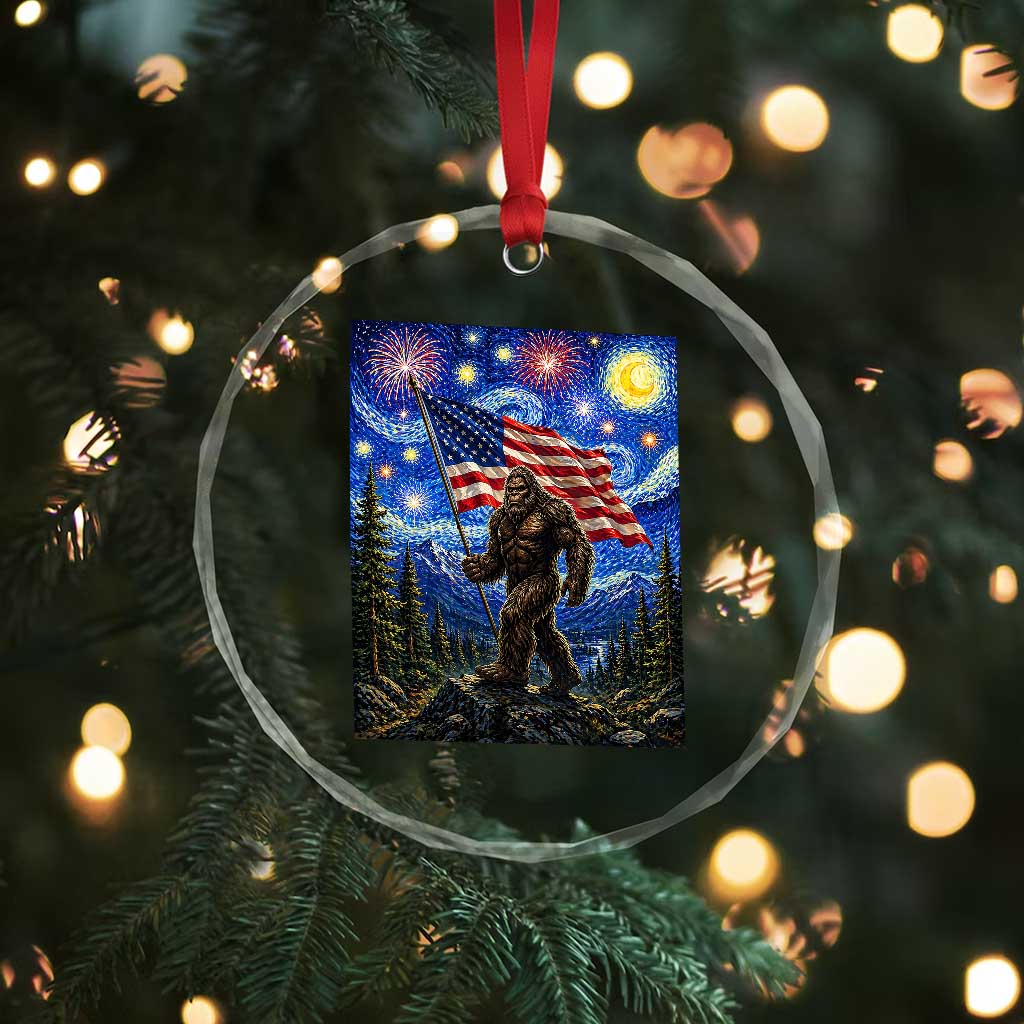 Bigfoot Patriotic 250 Years of Freedom Crystal Glass Ornament American USA Flag Stary Night TS14 Print Your Wear