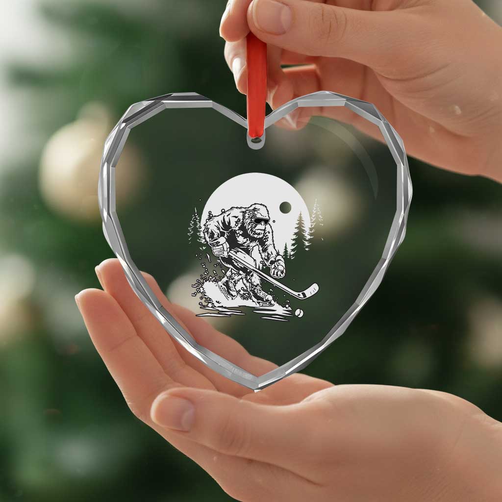 Bigfoot Playing Ice Hockey Heart Crystal Glass Ornament Funny Cryptid Sports Gift TS12 Print Your Wear