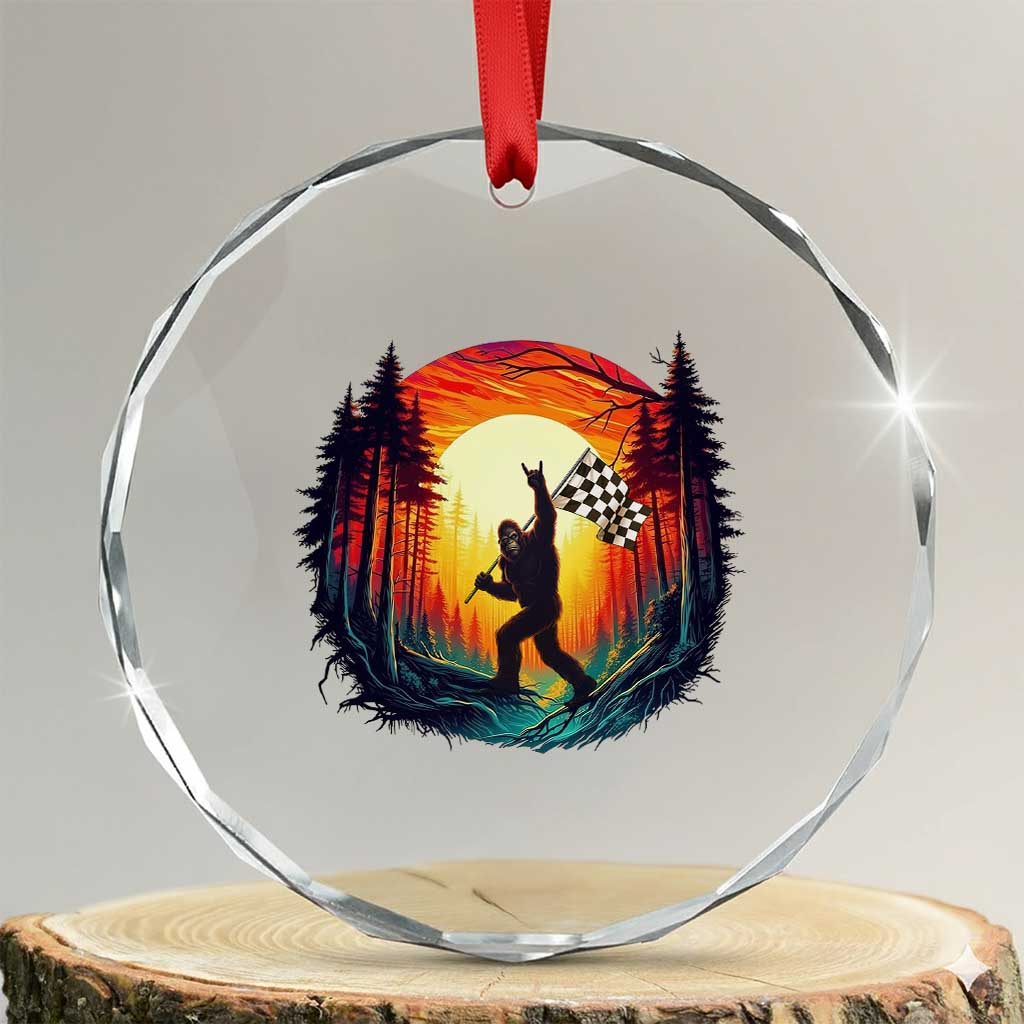 Bigfoot Racing Crystal Glass Ornament Sasquatch Checkered Flag TS14 Transparent Glass 3'' Circle Print Your Wear