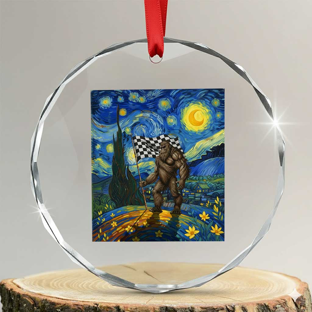 Bigfoot Racing Crystal Glass Ornament Sasquatch Checkered Flag Starry Night Van Gogh TS14 Transparent Glass 3'' Circle Print Your Wear