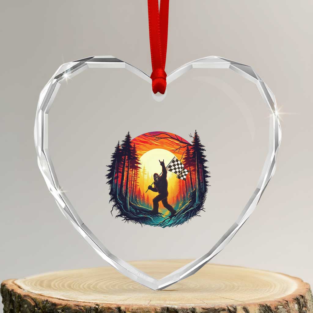 Bigfoot Racing Heart Crystal Glass Ornament Sasquatch Checkered Flag TS14 Transparent Glass 3'' Heart Print Your Wear