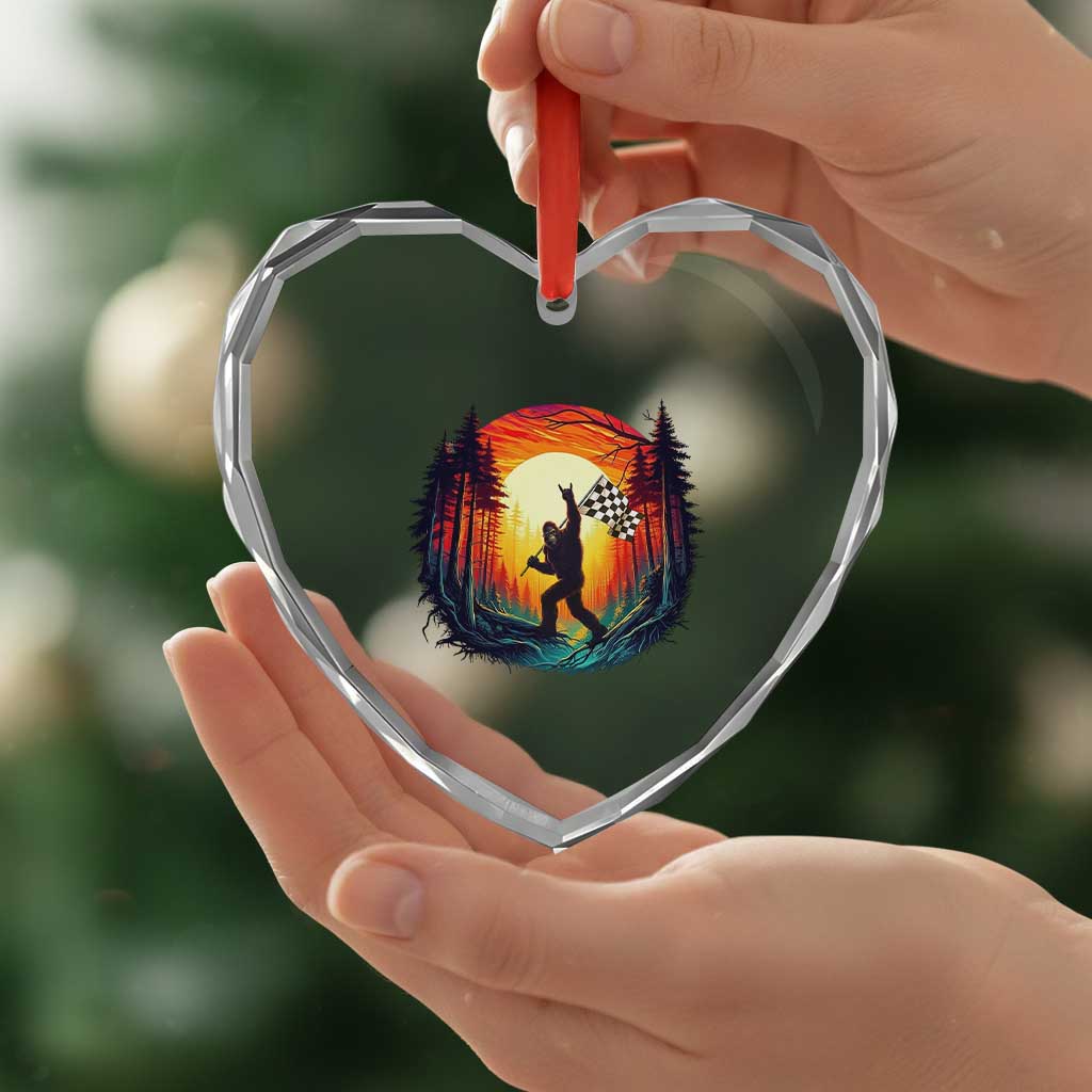 Bigfoot Racing Heart Crystal Glass Ornament Sasquatch Checkered Flag TS14 Print Your Wear