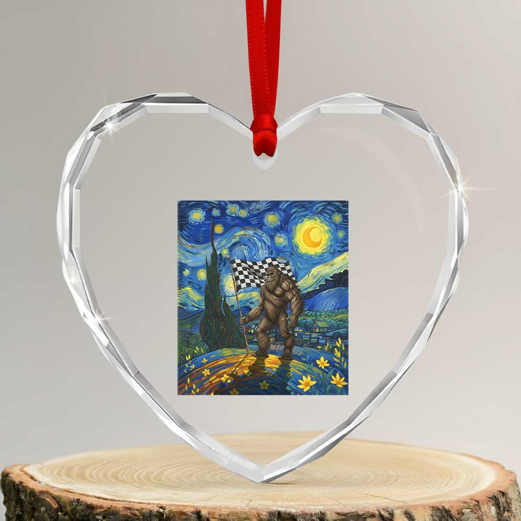 Bigfoot Racing Heart Crystal Glass Ornament Sasquatch Checkered Flag Starry Night Van Gogh TS14 Transparent Glass 3'' Heart Print Your Wear