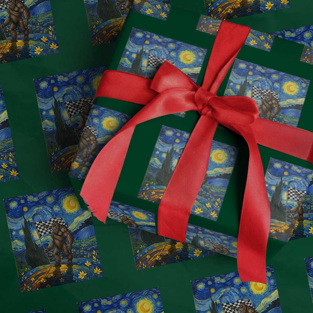 Bigfoot Racing Wrapping Paper Roll Sasquatch Checkered Flag Starry Night Van Gogh TS14 Green Print Your Wear
