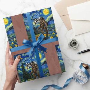 Bigfoot Racing Wrapping Paper Roll Sasquatch Checkered Flag Starry Night Van Gogh TS14 Mocha Print Your Wear