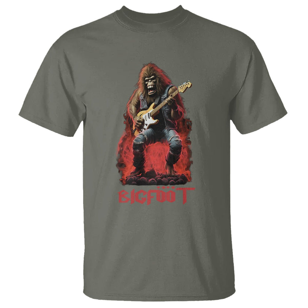 Bigfoot Rock N Roll T Shirt Funny Sasquatch Playing Electric Guitar TS09 Military Green Printyourwear