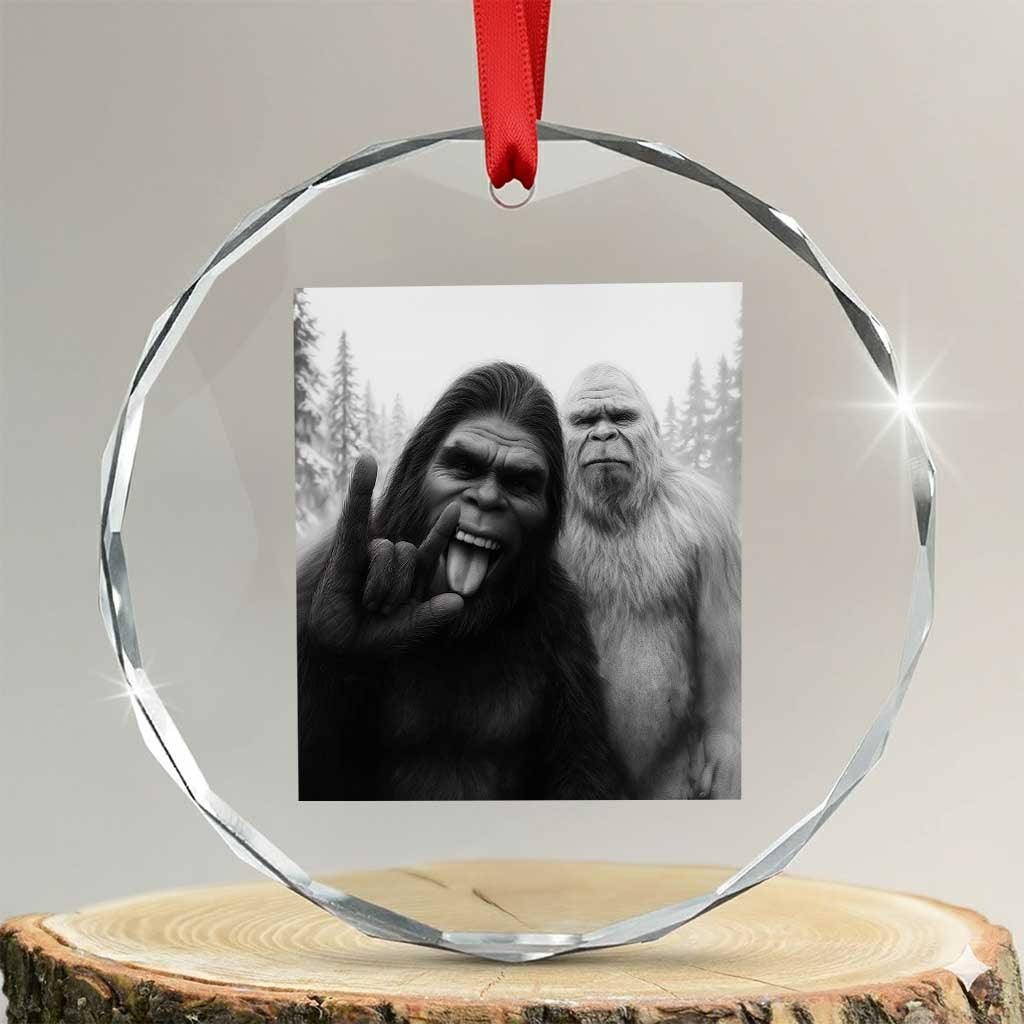 Bigfoot Selfie Christmas Crystal Glass Ornament Sasquatch Yeti Rock On Hand TS14 Transparent Glass 3'' Circle Print Your Wear