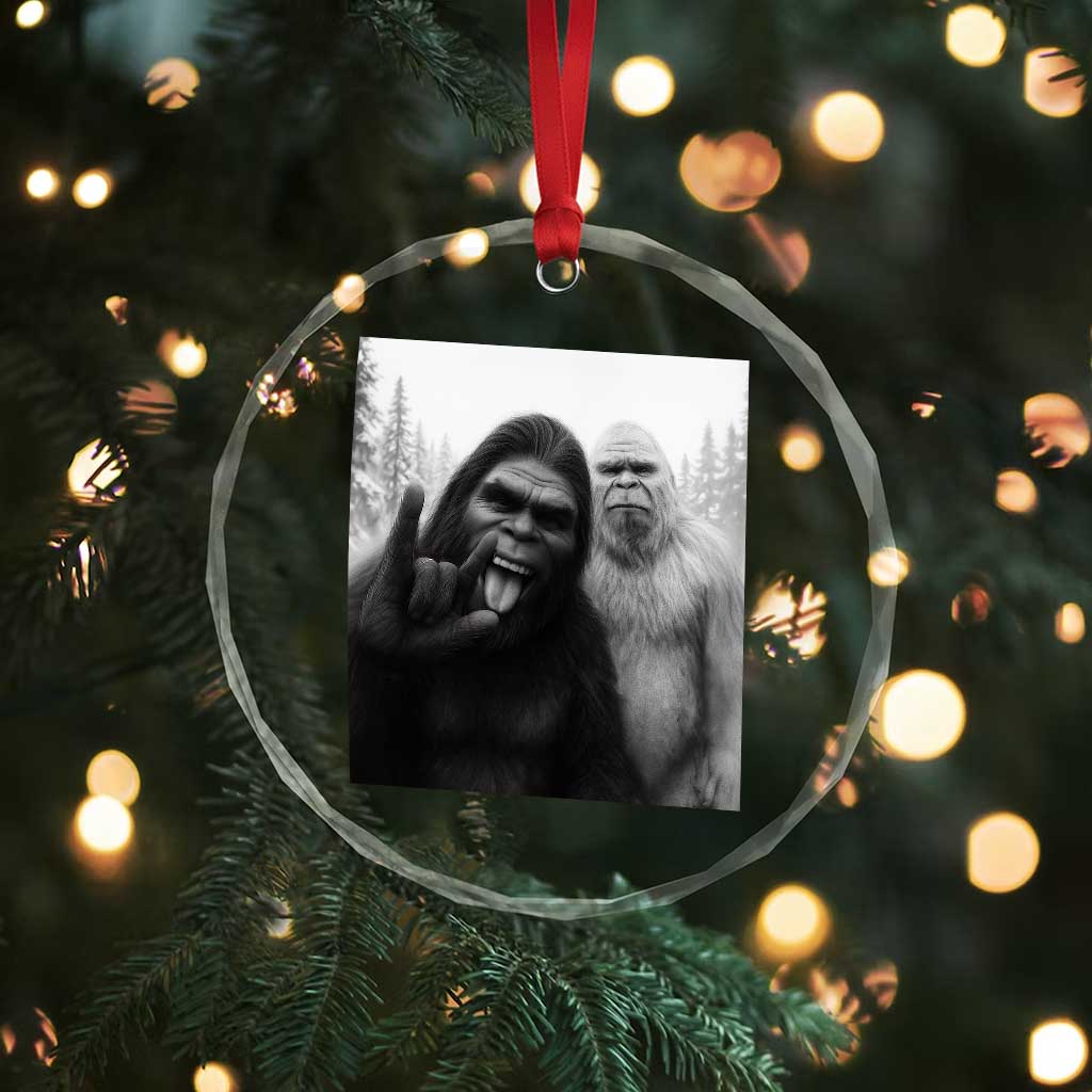 Bigfoot Selfie Christmas Crystal Glass Ornament Sasquatch Yeti Rock On Hand TS14 Print Your Wear