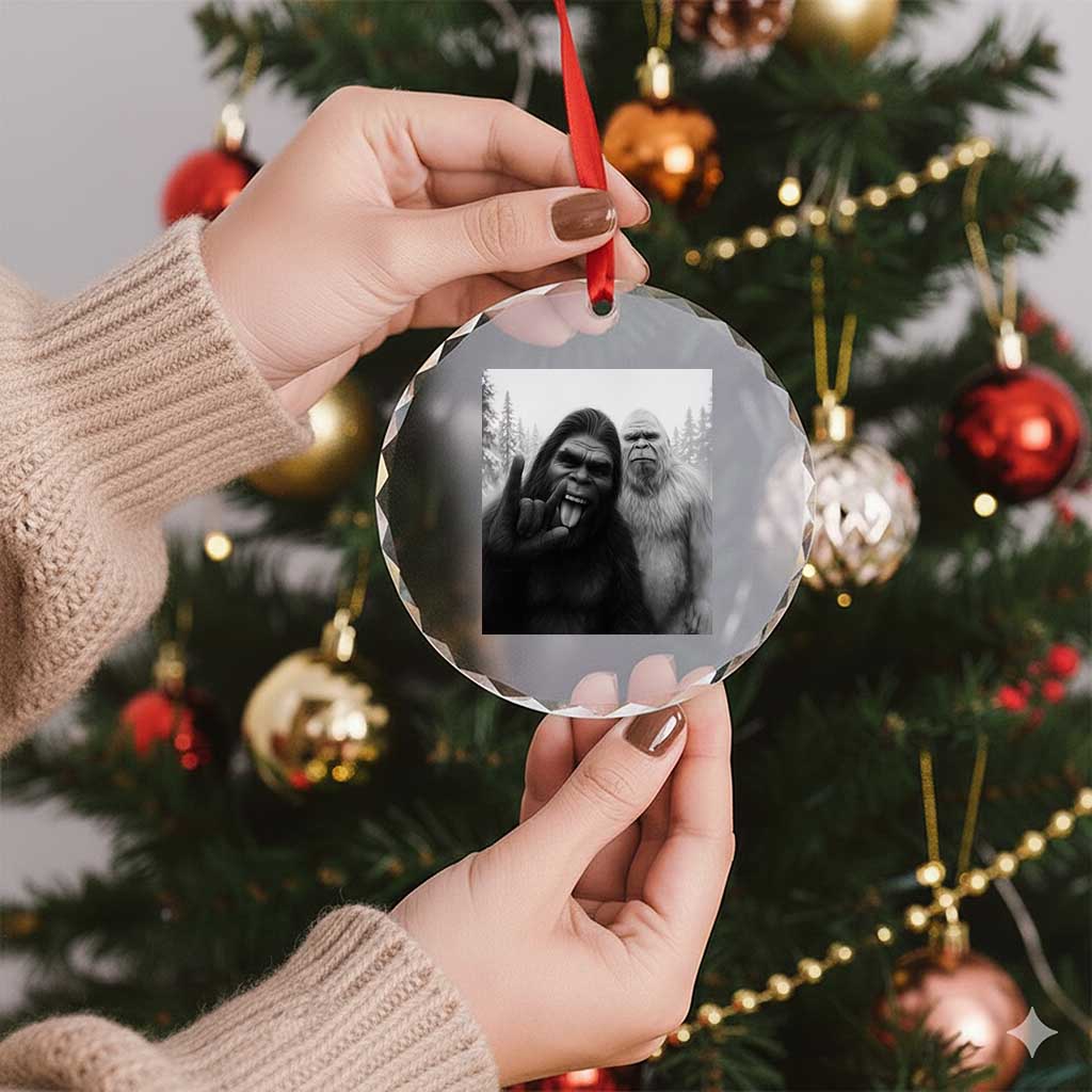 Bigfoot Selfie Christmas Crystal Glass Ornament Sasquatch Yeti Rock On Hand TS14 Print Your Wear