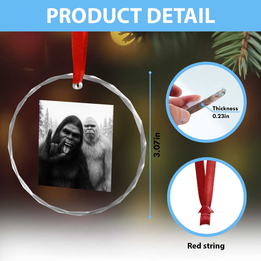 Bigfoot Selfie Christmas Crystal Glass Ornament Sasquatch Yeti Rock On Hand TS14 Print Your Wear