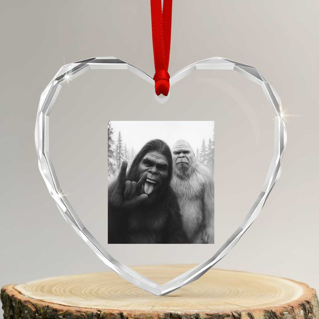 Bigfoot Selfie Christmas Heart Crystal Glass Ornament Sasquatch Yeti Rock On Hand TS14 Transparent Glass 3'' Heart Print Your Wear