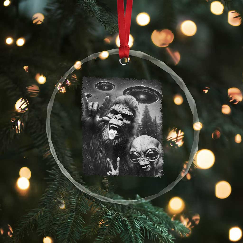 Bigfoot Selfie With Alien Crystal Glass Ornament UFO Funny Sasquatch Rock On Hand Sign TS10 Print Your Wear