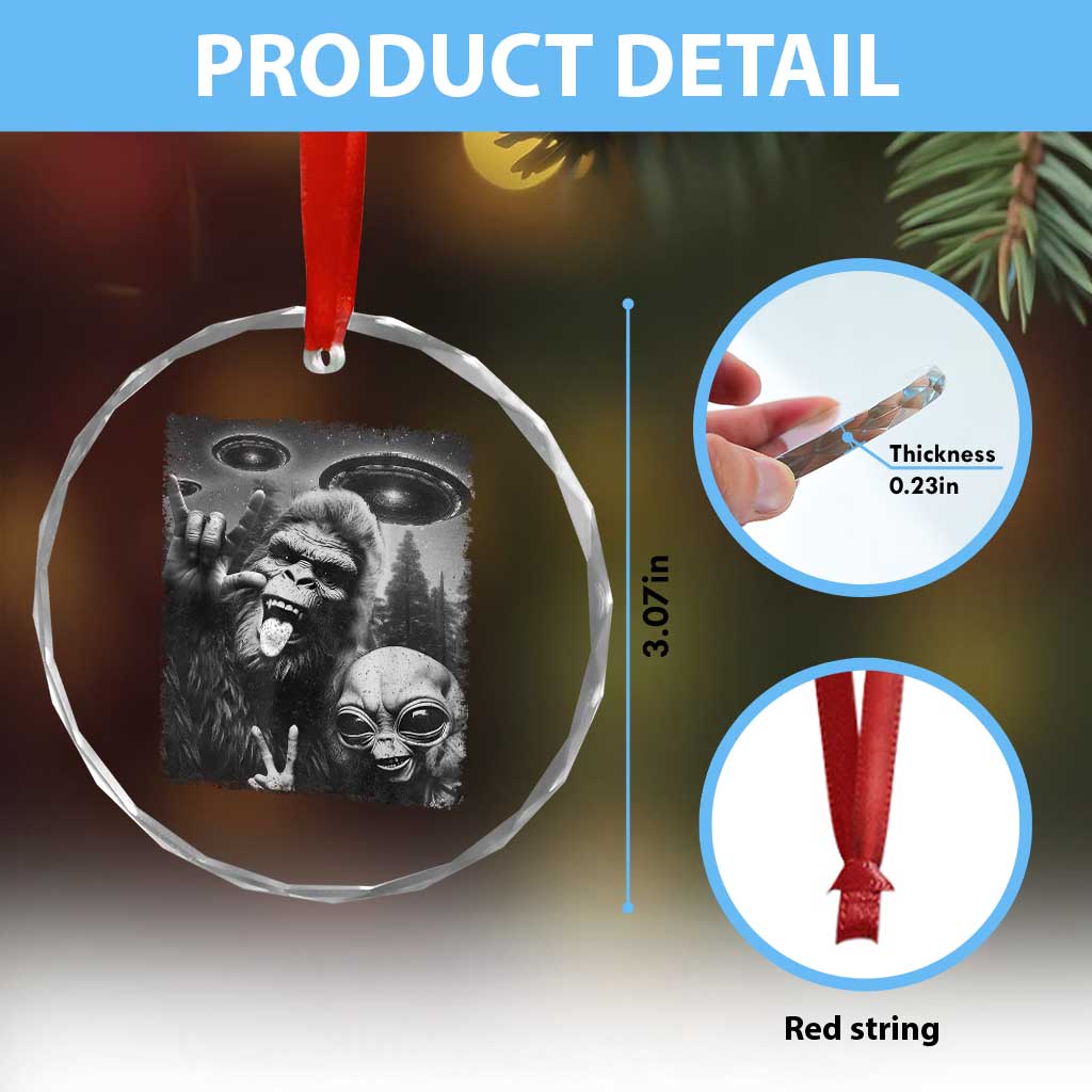 Bigfoot Selfie With Alien Crystal Glass Ornament UFO Funny Sasquatch Rock On Hand Sign TS10 Print Your Wear
