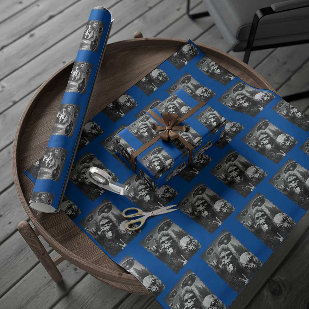 Bigfoot Selfie With Alien Wrapping Paper Roll UFO Funny Sasquatch Rock On Hand Sign TS10 Blue Print Your Wear