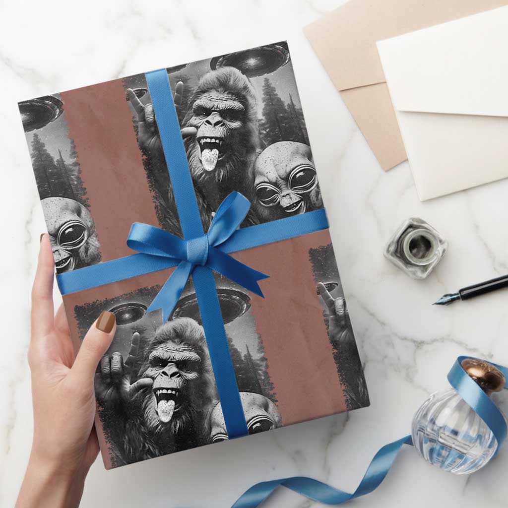 Bigfoot Selfie With Alien Wrapping Paper Roll UFO Funny Sasquatch Rock On Hand Sign TS10 Mocha Print Your Wear