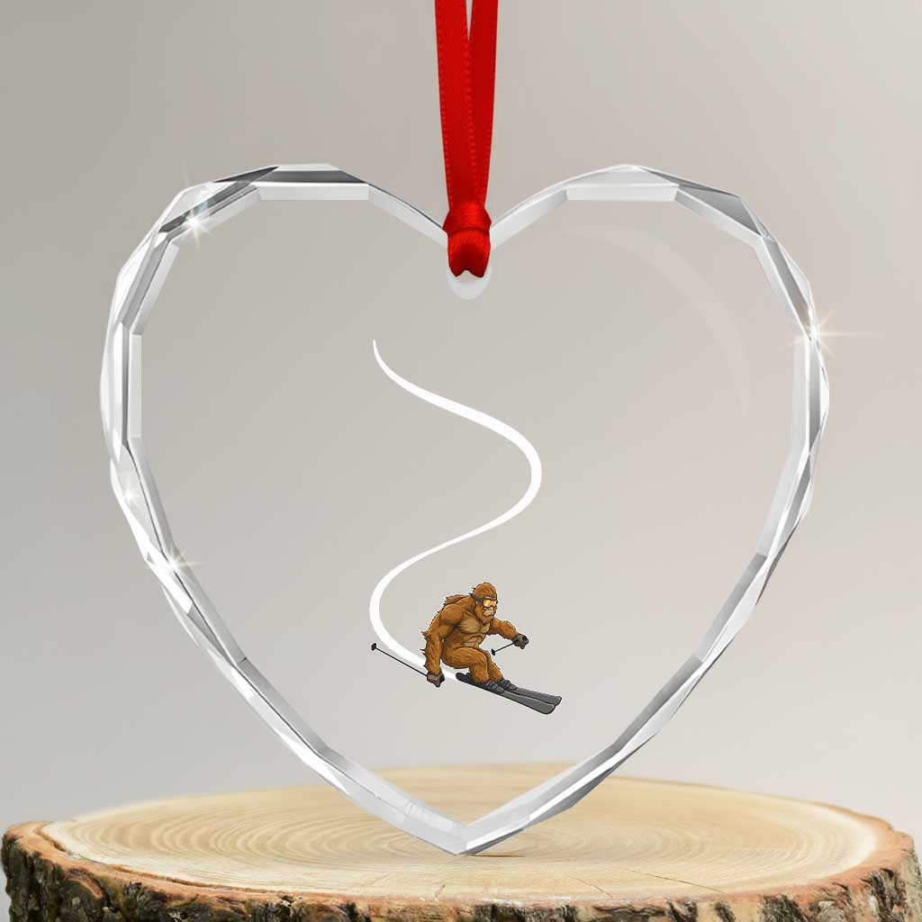 Bigfoot Skiing Heart Crystal Glass Ornament Funny Sasquatch Ski Lover Mountain Skier Winter Sports TS10 Transparent Glass 3'' Heart Print Your Wear