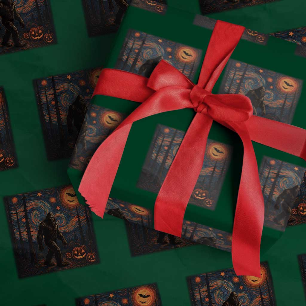 Bigfoot Starry Night Wrapping Paper Roll Funny Halloween Van Gogh Sasquatch Lovers TS10 Green Print Your Wear