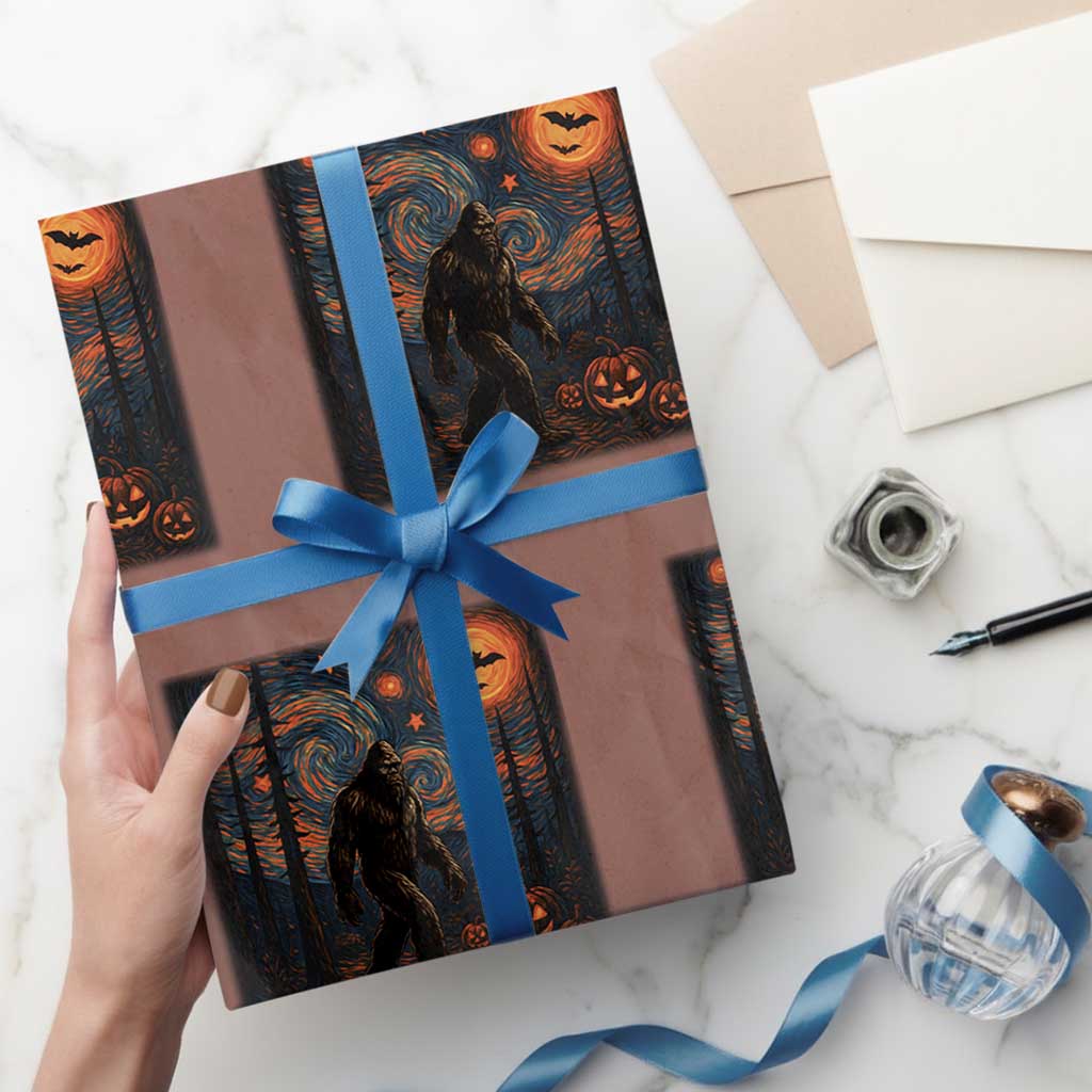 Bigfoot Starry Night Wrapping Paper Roll Funny Halloween Van Gogh Sasquatch Lovers TS10 Mocha Print Your Wear