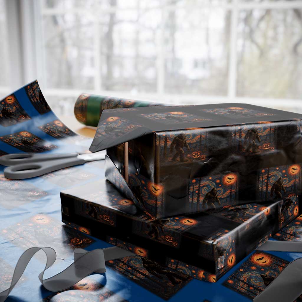 Bigfoot Starry Night Wrapping Paper Roll Funny Halloween Van Gogh Sasquatch Lovers TS10 Black Print Your Wear