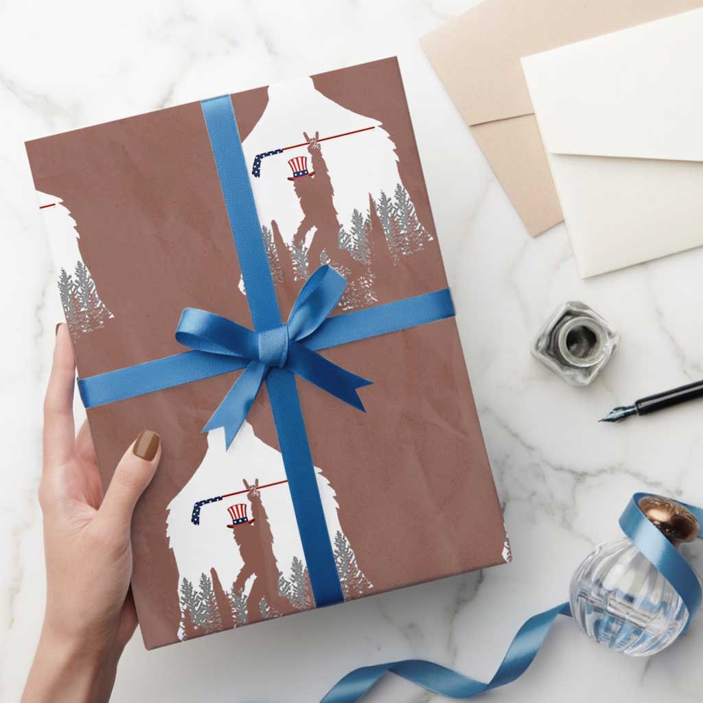 Bigfoot USA Ice Hockey 4th of July Wrapping Paper Roll Funny Sasquatch Patriotic American Flag TS14 Mocha Print Your Wear