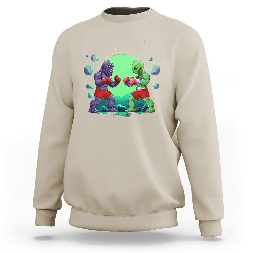Bigfoot VS Alien Boxing Funny Sasquatch UFO Sweatshirt TS09 Sand Printyourwear
