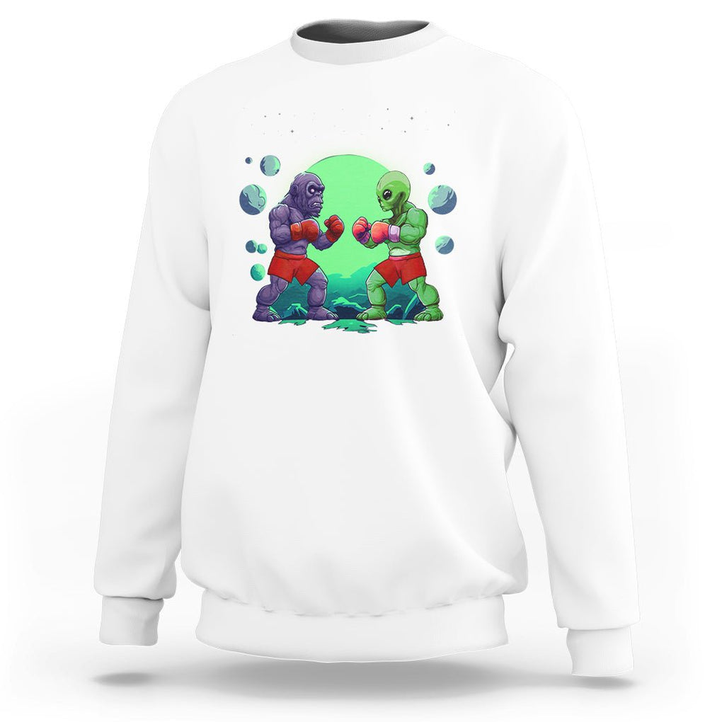 Bigfoot VS Alien Boxing Funny Sasquatch UFO Sweatshirt TS09 White Printyourwear