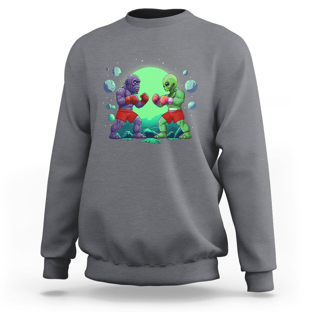 Bigfoot VS Alien Boxing Funny Sasquatch UFO Sweatshirt TS09 Charcoal Printyourwear