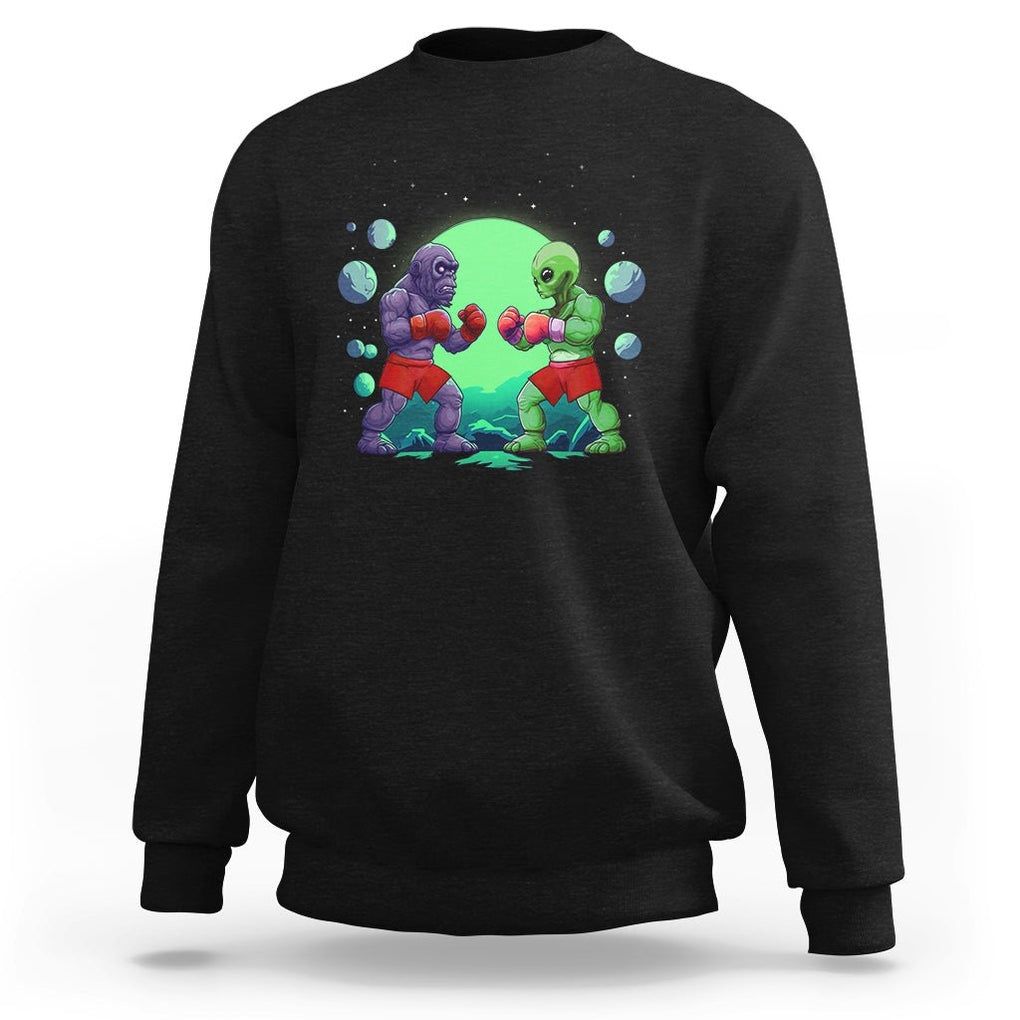 Bigfoot VS Alien Boxing Funny Sasquatch UFO Sweatshirt TS09 Black Printyourwear