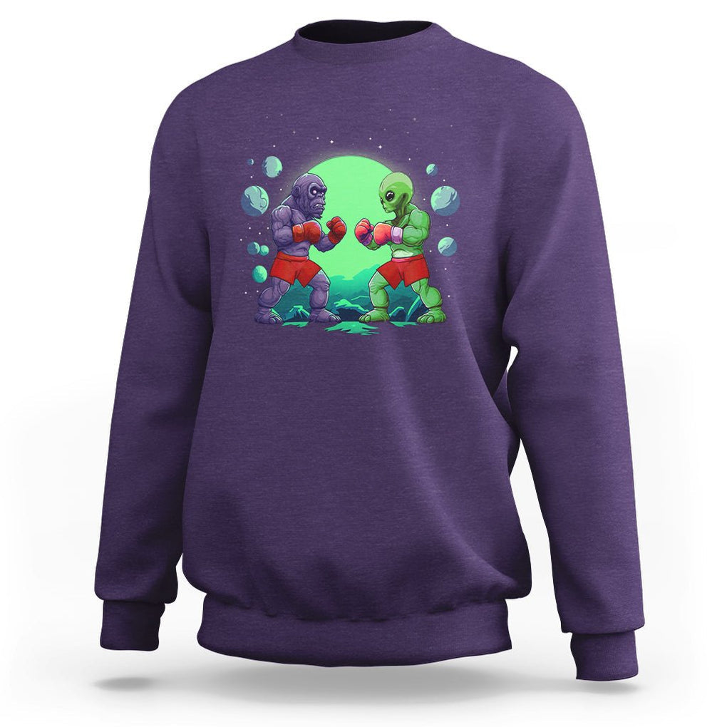 Bigfoot VS Alien Boxing Funny Sasquatch UFO Sweatshirt TS09 Purple Printyourwear