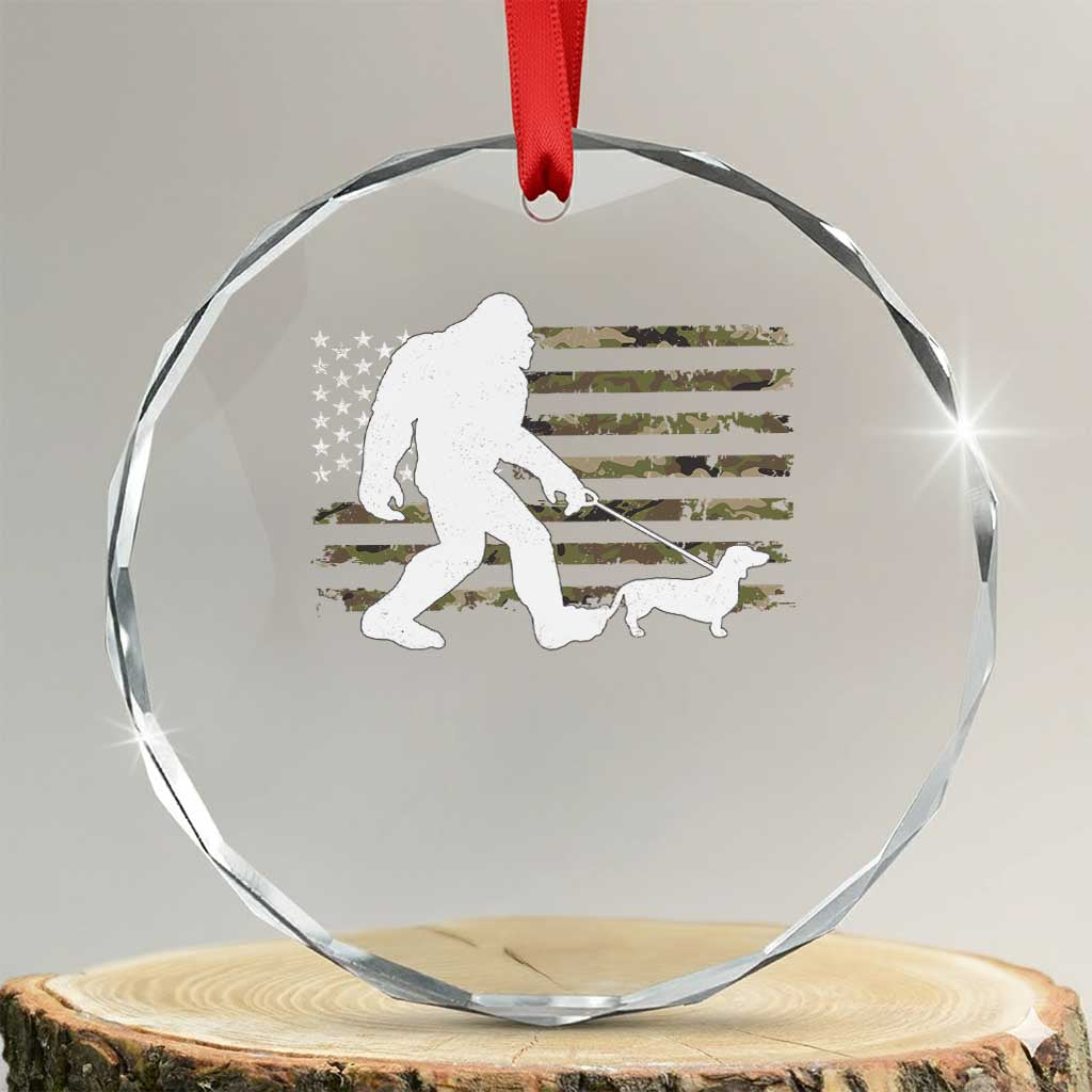 Bigfoot Walking Dachshund Crystal Glass Ornament Sasquatch Camo American Flag USA Military Patriotic TS10 Transparent Glass 3'' Circle Print Your Wear
