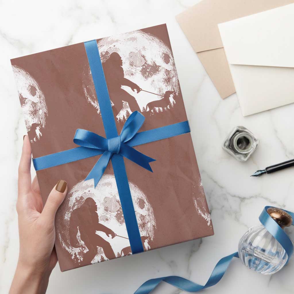 Bigfoot Walking Dachshund Wrapping Paper Roll Funny Doxie Wiener Sasquatch Night Stroll Full Moon TS10 Mocha Print Your Wear