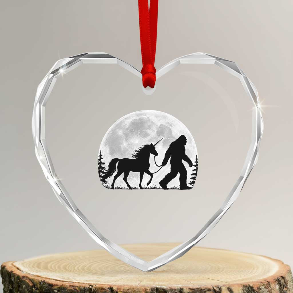 Bigfoot Walking Unicorn Heart Crystal Glass Ornament Full Moon Sasquatch Fantasy Forest Silhouette TS10 Transparent Glass 3'' Heart Print Your Wear