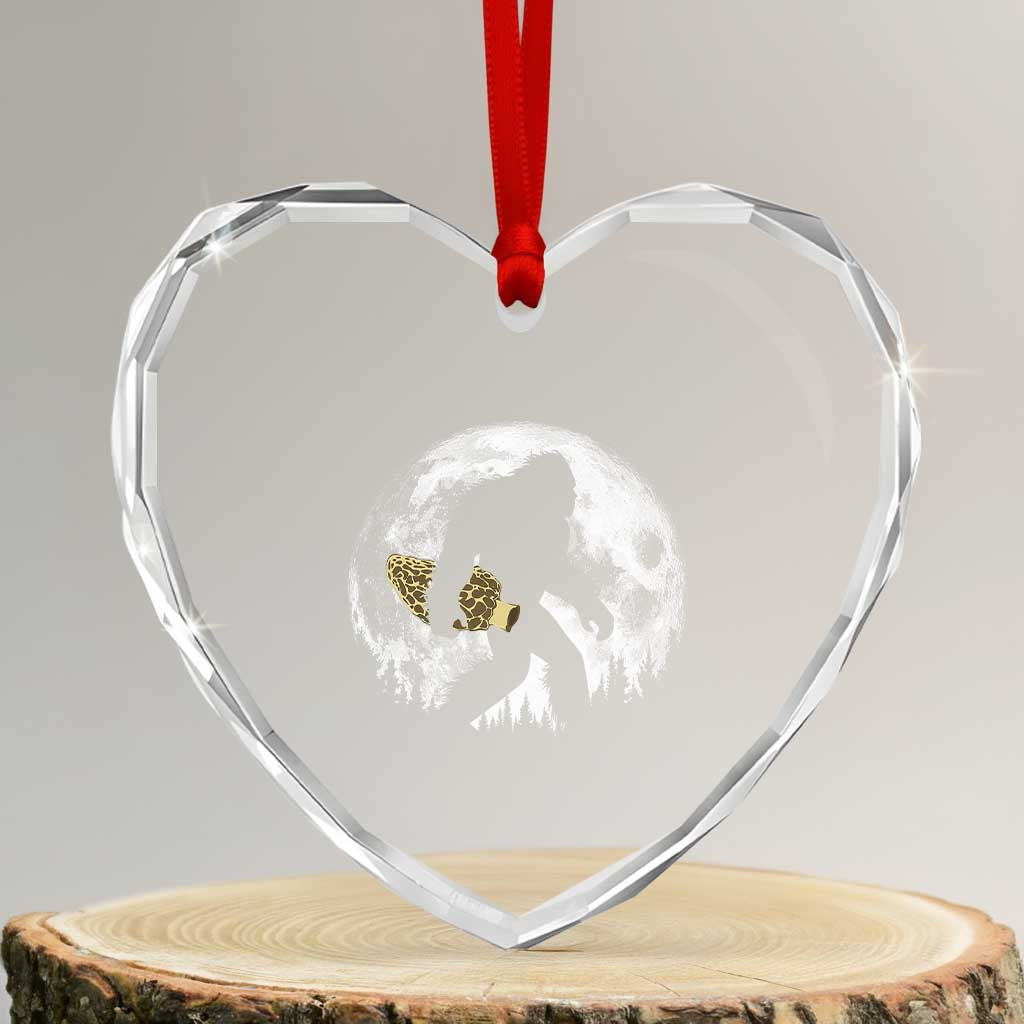 Bigfoot with Morel Mushroom Heart Crystal Glass Ornament Sasquatch Fungi Full Moon Silhouette Graphic