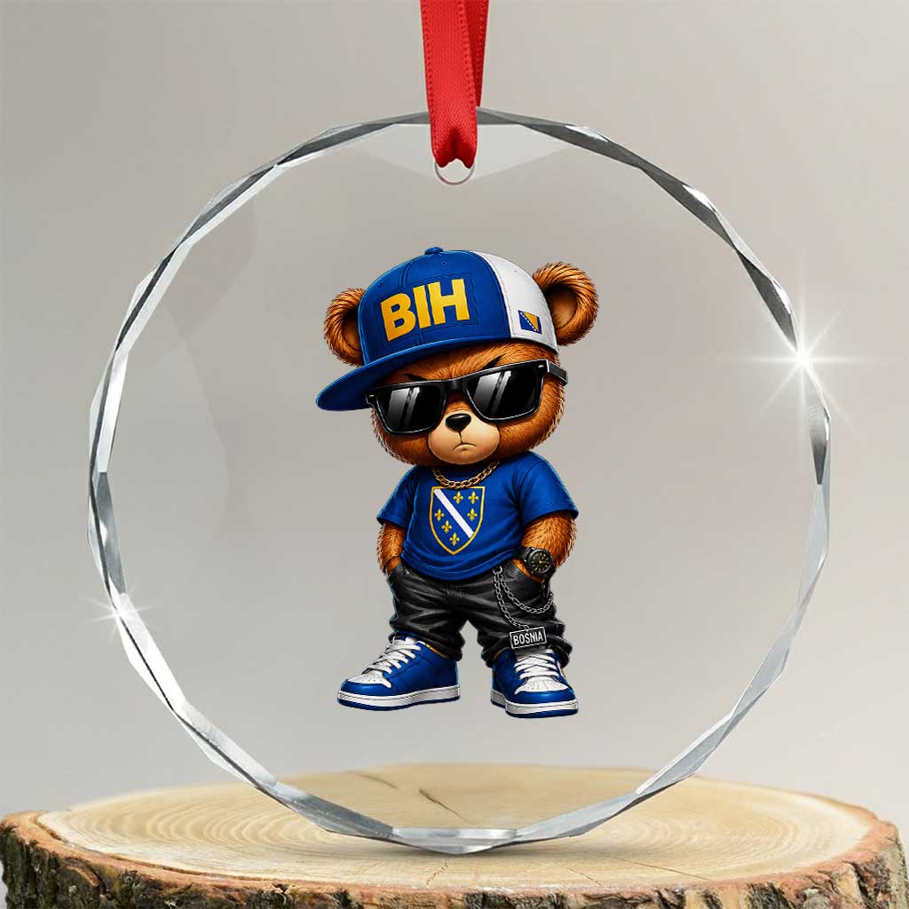 BIH Bosnia Teddy Bear Graphic Crystal Glass Ornament Golden Lily Heritage Urban Streetwear Style TS02 Transparent Glass 3'' Circle Print Your Wear