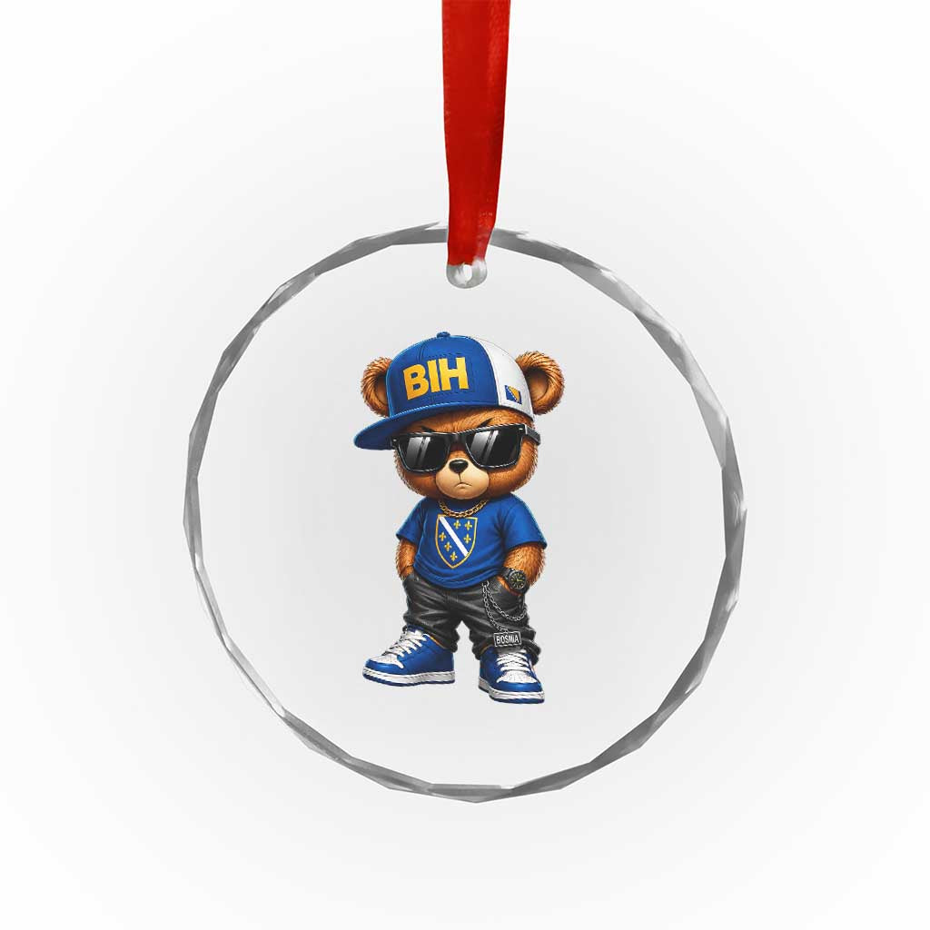 BIH Bosnia Teddy Bear Graphic Crystal Glass Ornament Golden Lily Heritage Urban Streetwear Style