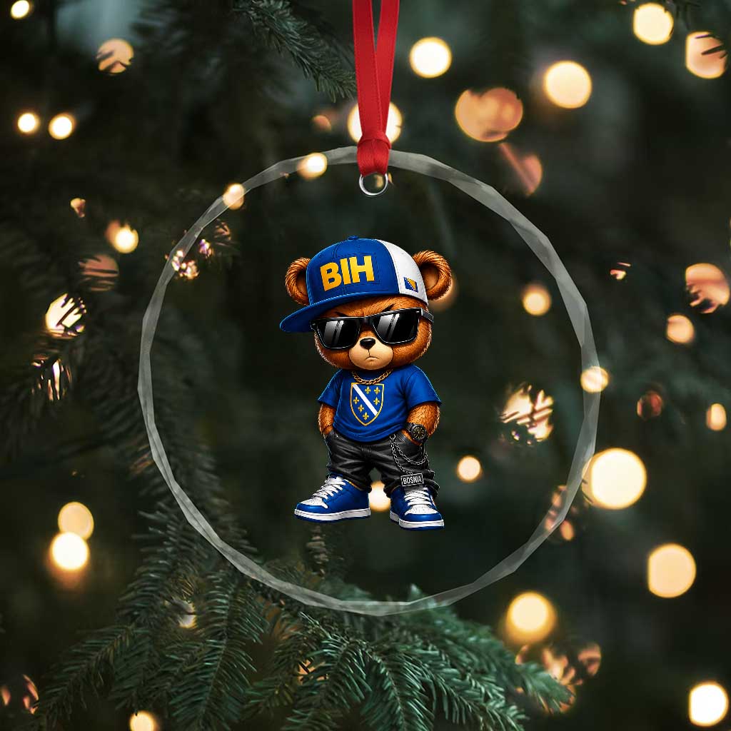 BIH Bosnia Teddy Bear Graphic Crystal Glass Ornament Golden Lily Heritage Urban Streetwear Style